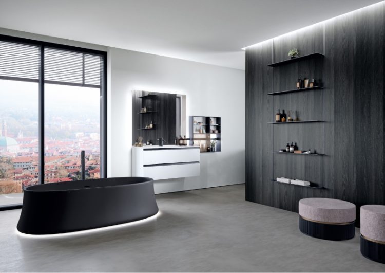 Forever vanity unit in Bianco Ghiaccio lacquered finish, Dali Full mirror, Line bar with modules, Volcano bathtub in matt Black Lightfeel