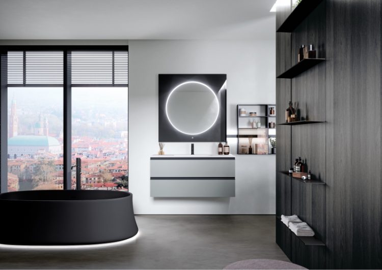 Forever vanity unit in matt Grigio Elegance lacquered finish, Roma mirror, Line bar with modules 