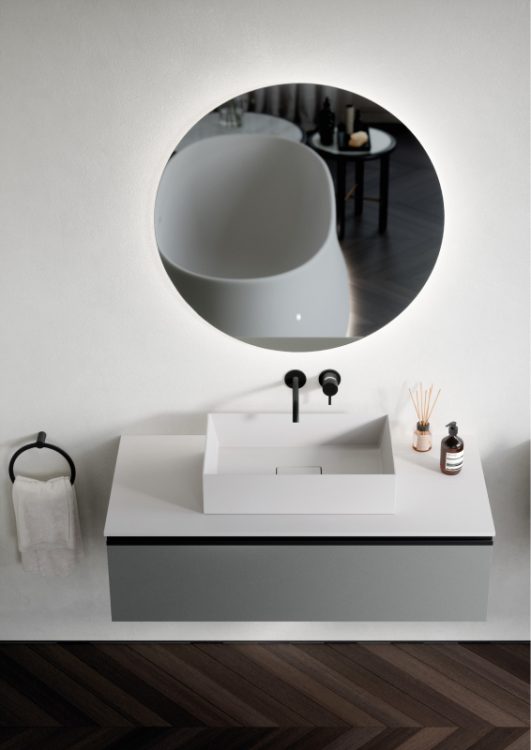Forever vanity units in Dark Grey metallic lacquer, top with Mary washbasin in matt white purefeel, Joyce mirrors