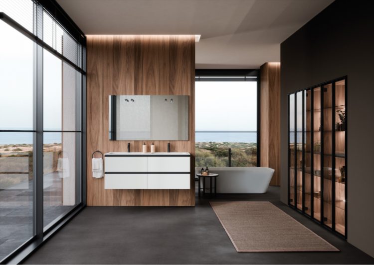Forever vanity unit in Pure White melamine finish, "Karl" integrated top in matt white resin, Paris Square mirror, Rigel bathtub