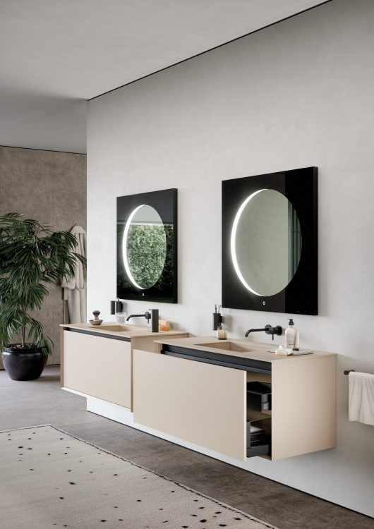 Smartcode vanity unit in matt Tortora Elegance lacquered finish, top with Nick integrated washbasin in coloured Purefeel, Roma mirror
