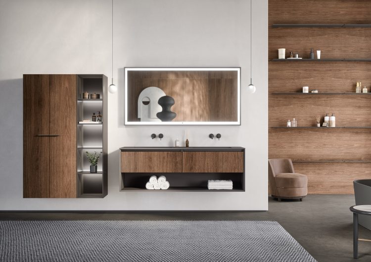 Smartcode vanity unit with frontal drawers in Ancorn melamine wood, My Sun mirror, Lume lamps