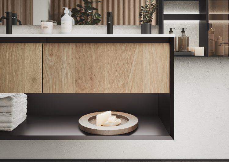 Smartcode vanity unit in matt Antracite Dark lacquered finish and frontal drawers in Natural Oak melamine wood