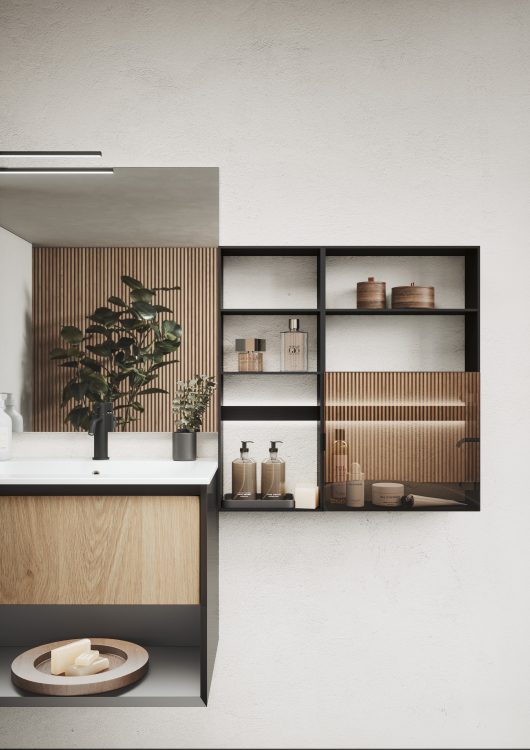 Line bar and modules  in brushed black with Stop Sol glass door 