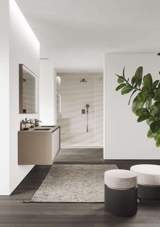 Smartcode vanity unit in Matt Castoro lacquered finish and frontal drawers in leather, Voltaire mirror, Kim pouf