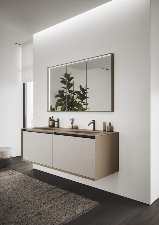 Smartcode vanity unit in Matt Castoro lacquered finish and frontal drawers in leather, Voltaire mirror