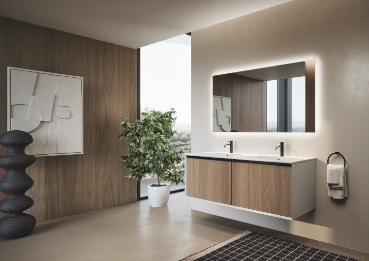 Smartcode vanity unit in matt Bianco Ghiaccio lacquered finish and frontal drawers in Ash Oak melamine wood, "Karl" integrated top in matt white resin, Dali Full mirror