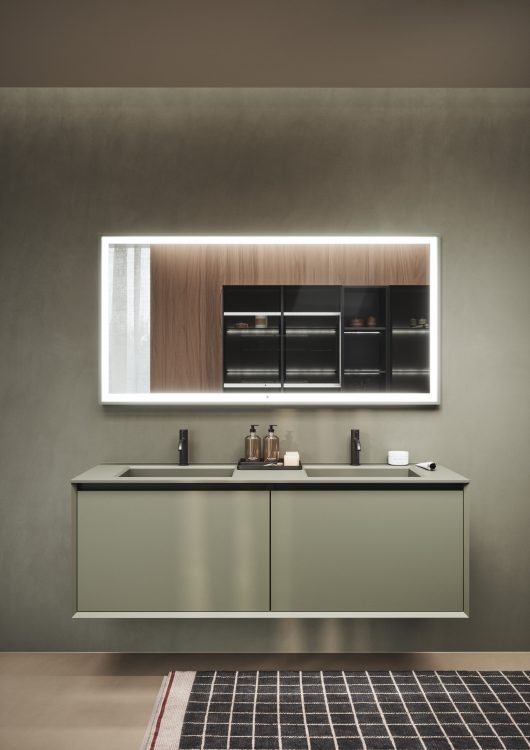 Smartcode vanity unit in matt Verde Salice lacquered finish, top with Cut integrated washbasin in the same finish of the vanity unit