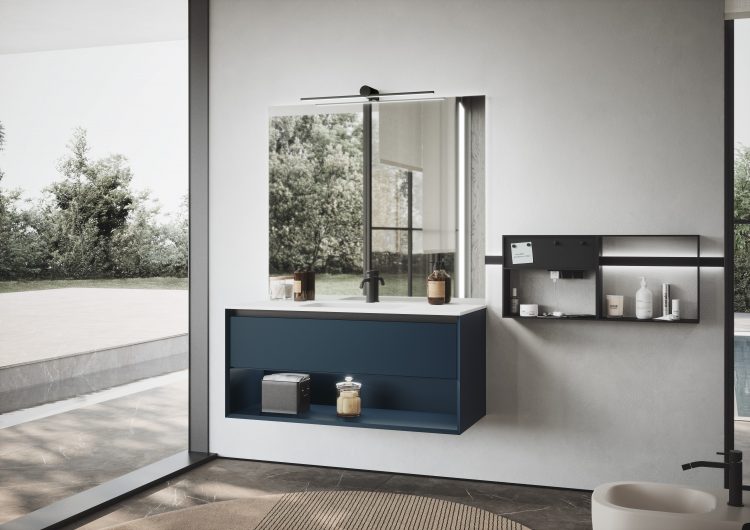 Smartcode vanity unit in Blu Oltremare lacquered finish, Dali Full mirror with Tetris lamps