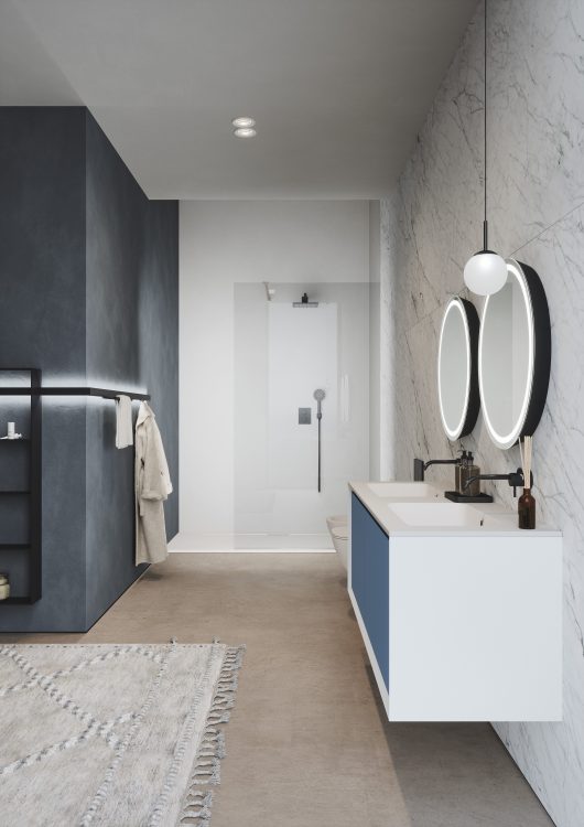 Smartcode vanity unit in matt Bianco Ghiaccio and frontal drawers in matt Bluette lacquered finish, Dream mirrors, Lume lamp