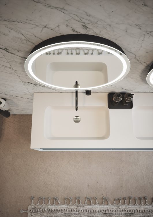 "Karl" integrated top in matt white resin, Stilo basin mixer in brushed black, Dream mirror