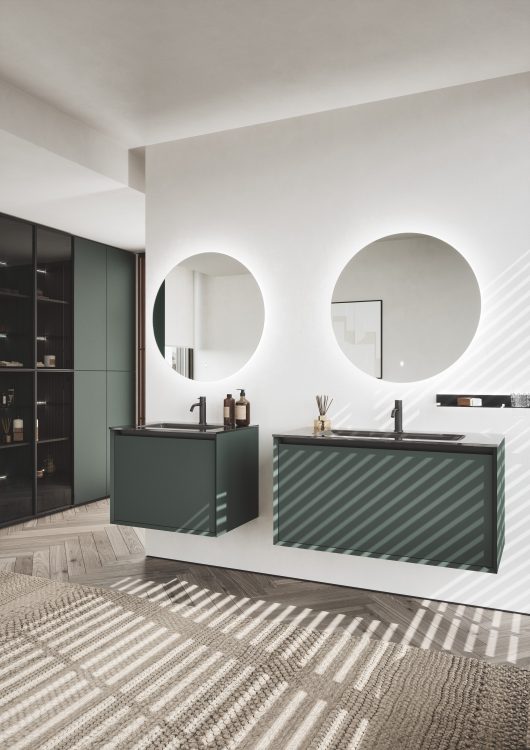 Smartcode vanity unit in matt Green lacquered finish, top in glass Nero Lavagna finish with Rose integrated washbasin, Joyce mirrors 