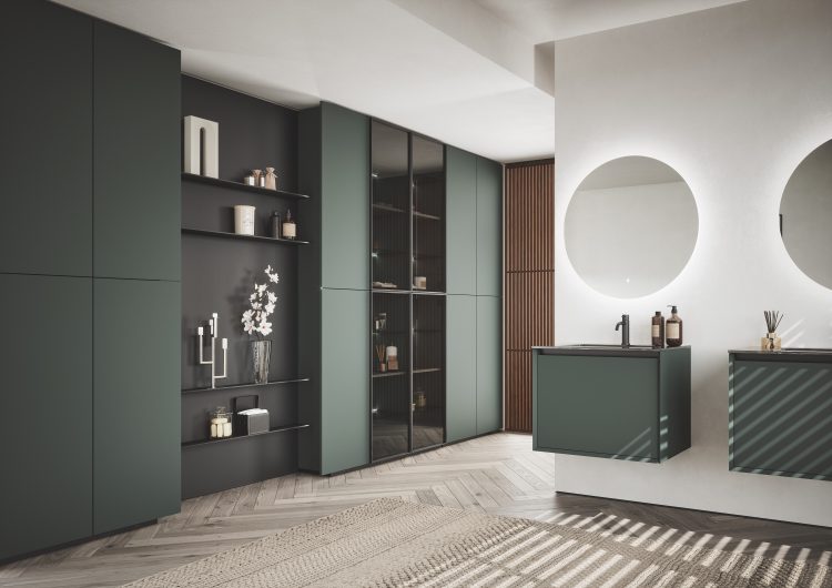 Smartcode vanity unit in matt Green lacquered finish, top in glass Nero Lavagna finish with Rose integrated washbasin, Joyce mirrors 