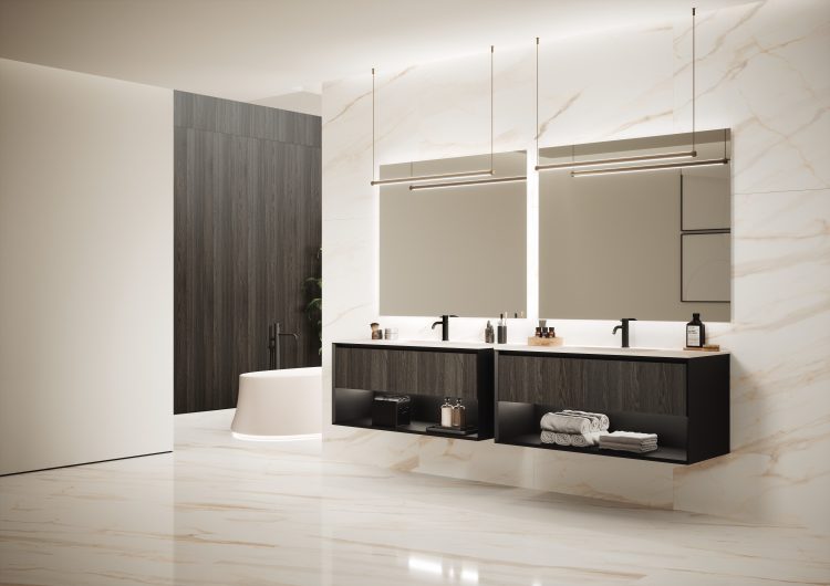 Smartcode vanity units with frontal drawers in Lava Oak melamine wood, Volcano bathtub, Dali Full mirror, Sei lamps