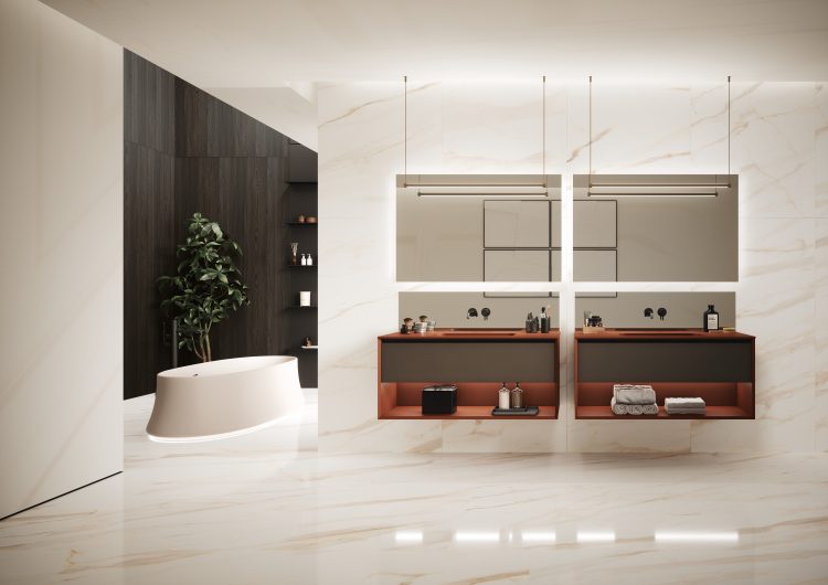Smartcode vanity units in matt Ruggine lacquered finish with frontal drawers in matt Caffè elegance lacquered finish 