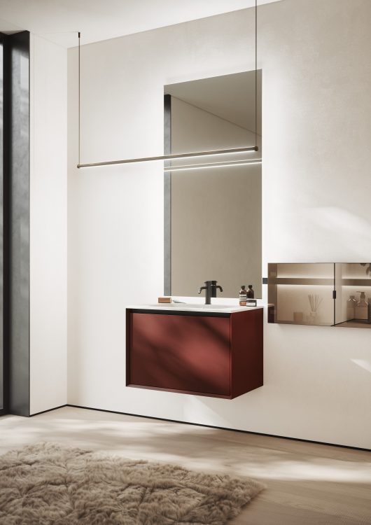 Smartcode vanity unit in Rosso Jaipur lacquered finish, "Karl" integrated top in matt white resin, Dali Full mirror, Sei lamp, Line bar with modules 