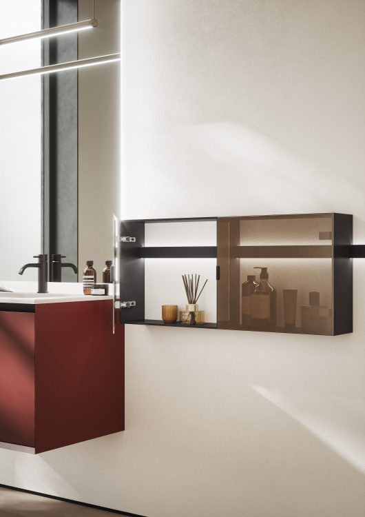 Line bar and modules in brushed black with Stop Sol glass doors 