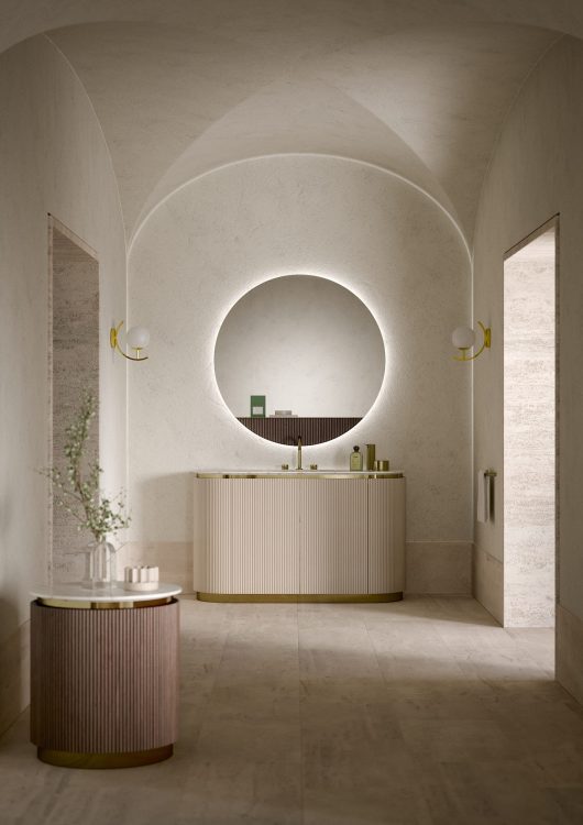 Nàos vanity unit in glossy "Tortora Elegance" lacquered finish. Calacatta Oro marble top 