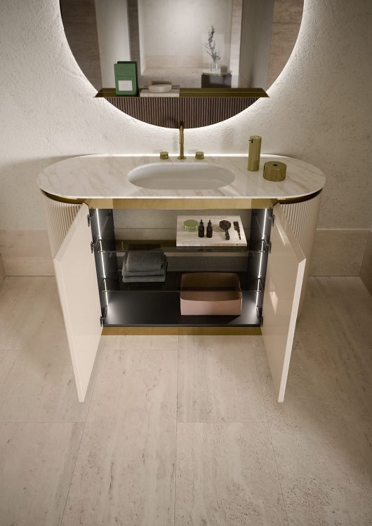 Nàos vanity unit in glossy "Tortora Elegance" lacquered finish. Calacatta Oro marble top 