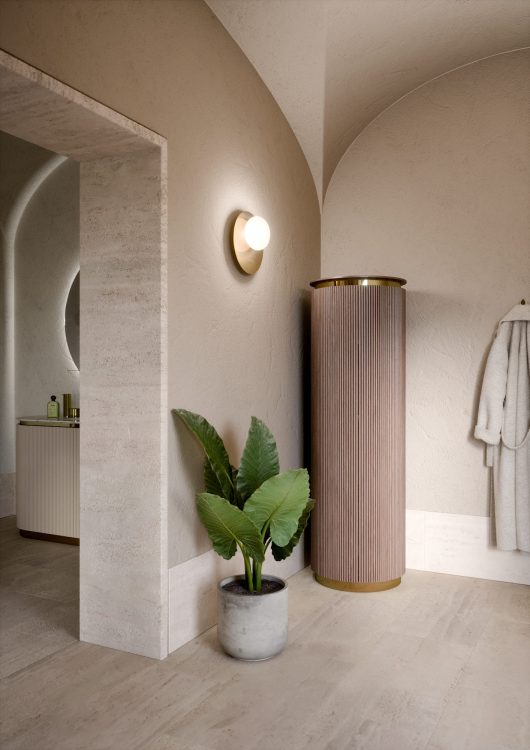 Freestanding round cabinet in ribbed Walnut finish/glossy gold. Choro wall lamp
