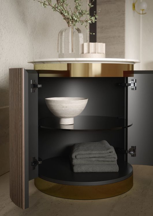 Freestanding round base in ribbed Walnut finish/glossy gold. Calacatta Oro marble 