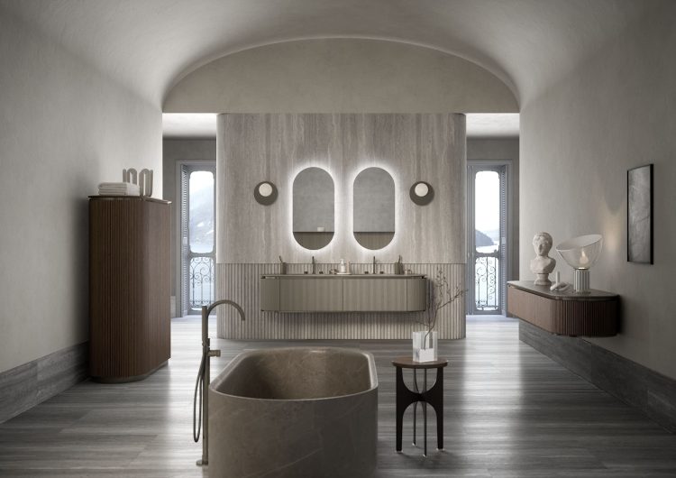 Nàos vanity unit in matt "London Grey" lacquered finish/Glossy Black Nickel. Top in Pietra Medea marble