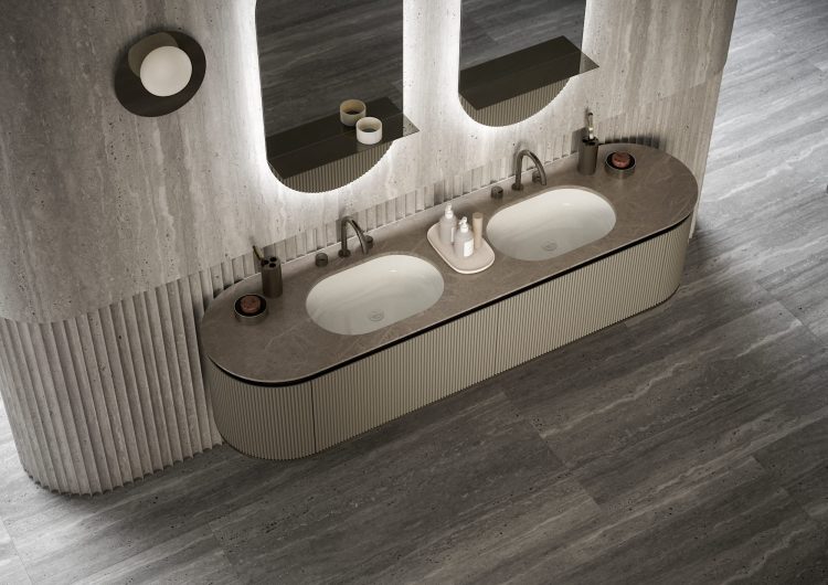 Top in Pietra Medea marble with Hydor 1 integrated washbasin in white ceramic
