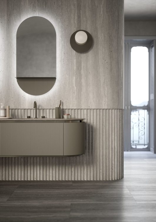Nàos vanity unit in matt "London Grey" lacquered finish/Glossy Black Nickel
