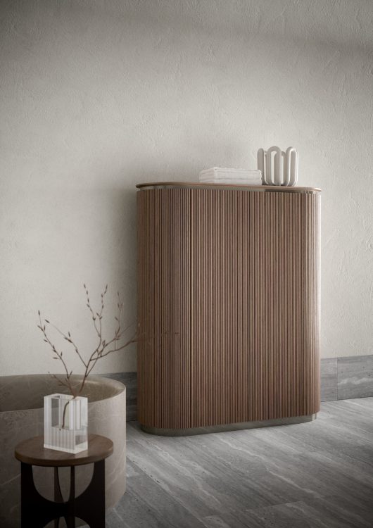 Freestanding oval cabinet in ribbed Walnut finish/Black Nickel