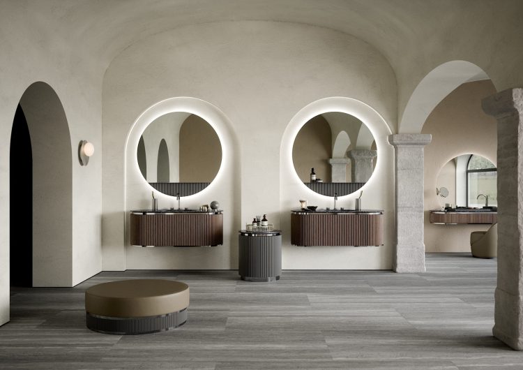 Nàos vanity unit in ribbed Walnut finish/Chrome. Top in Nero Marquinia marble