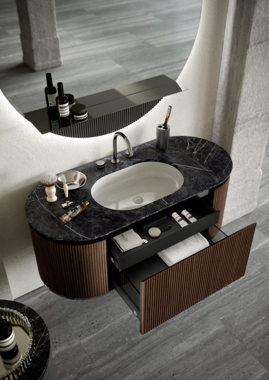 Top in Nero Marquinia marble with Hydor 1 integrated washbasin in white ceramic