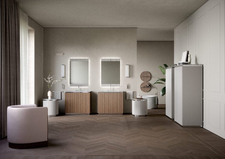 Nàos vanity unit in ribbed Walnut finish/Chrome. Top in Bianco Carrara marble