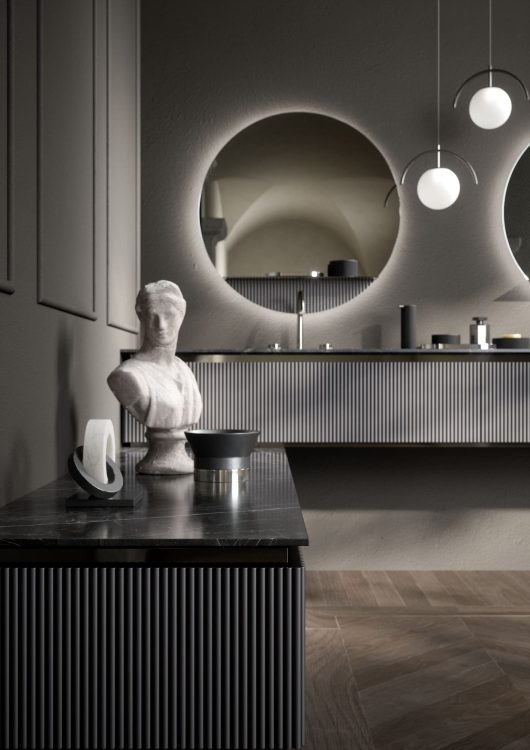 Nàos vanity unit in glossy "Antracite Dark" lacquered finish/Black Nickel. Top in Nero Marquinia marble