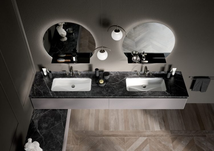 Top in Nero Marquinia marble with Kim integrated washbasin in white ceramic 