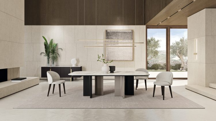 Wave table in Black Oak, Beige Arizona finish and bronze details. Top in Calacatta Oro marble 