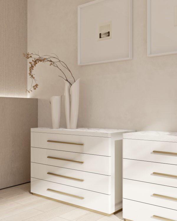 Mozart chest of drawers in Bianco Ghiaccio finish and with bronze details 
