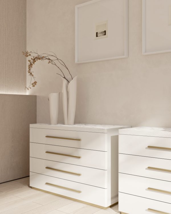 Mozart chest of drawers in Bianco Ghiaccio finish and with bronze details 